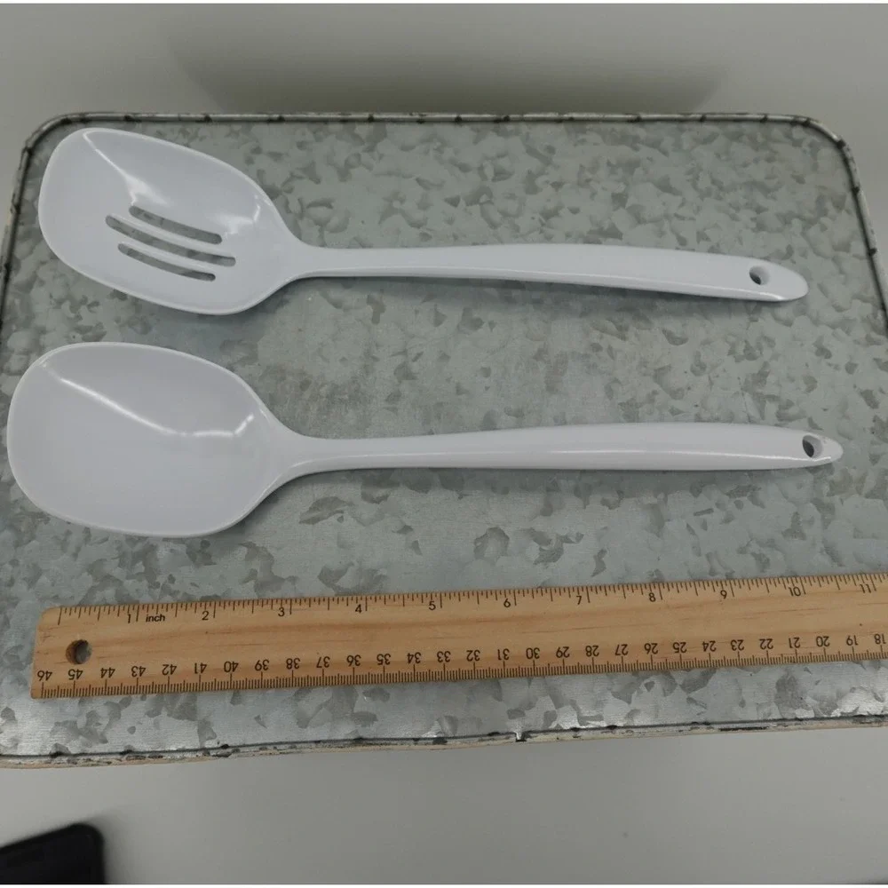 White Melamine Serving Spoon Set Slotted and Solid JP-616 JP-617 11 Inch 2 Piece